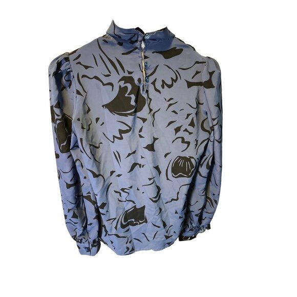 Vintage 90s Mark Stuart Blue Black High Neck Long Sleeve Blouse - Picture 5 of 14